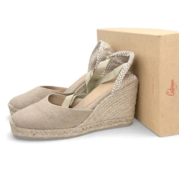 CASTAÑER $165 Carina/8/002 Wedge Espadrille Sand EU 39 US 8 Ankle Tie Jute Heel - Picture 1 of 9